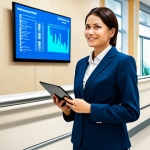 A highly capable and professional medical tourism coordinator, dressed in a tailored, modest business suit, stands confidently in the spacious, brightly lit lobby of a modern international hospital. Subtle global health graphics adorn the walls in the background, suggesting international collaboration. The coordinator holds a tablet, embodying a knowledgeable and expert demeanor. The overall image conveys a sense of global understanding and efficient coordination. fully clothed, appropriate attire, professional dress, perfect anatomy, correct proportions, natural pose, well-formed hands, proper finger count, natural body proportions, safe for work, appropriate content, professional, high quality professional photography, cinematic lighting, ultra realistic.