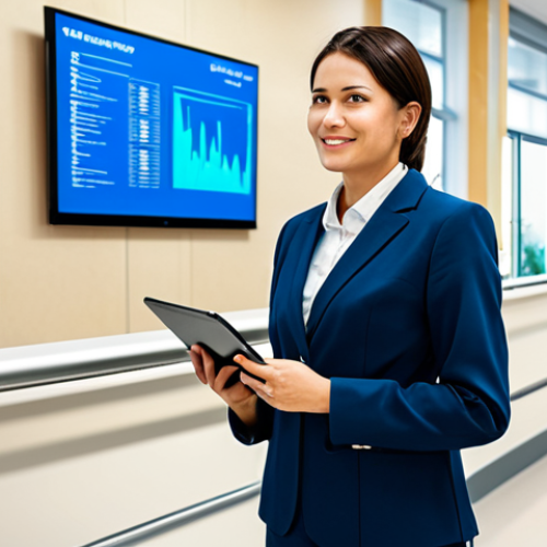 A highly capable and professional medical tourism coordinator, dressed in a tailored, modest business suit, stands confidently in the spacious, brightly lit lobby of a modern international hospital. Subtle global health graphics adorn the walls in the background, suggesting international collaboration. The coordinator holds a tablet, embodying a knowledgeable and expert demeanor. The overall image conveys a sense of global understanding and efficient coordination. fully clothed, appropriate attire, professional dress, perfect anatomy, correct proportions, natural pose, well-formed hands, proper finger count, natural body proportions, safe for work, appropriate content, professional, high quality professional photography, cinematic lighting, ultra realistic.