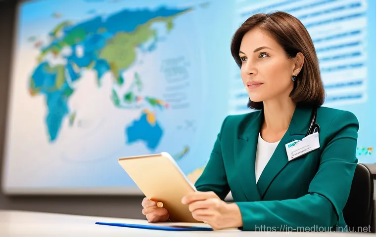 의료관광코디네이터 연봉 실태 - **Prompt:** A male medical tourism coordinator, in his late 30s, wearing a sharp, dark suit, is stan...