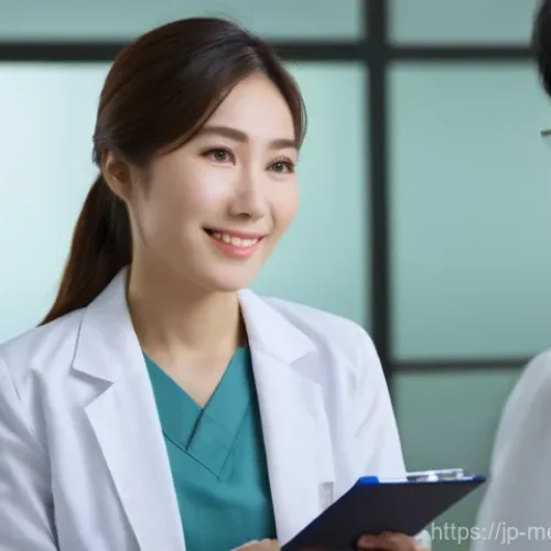 의료관광코디네이터 커리어패스 - A warm and professional female medical tourism coordinator, dressed in a neat blazer and blouse, wit...