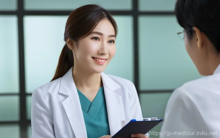 의료관광코디네이터 커리어패스 - A warm and professional female medical tourism coordinator, dressed in a neat blazer and blouse, wit...