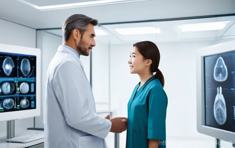 의료관광코디네이터 커리어패스 - A warm and professional female medical tourism coordinator, dressed in a neat blazer and blouse, wit...