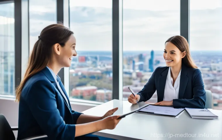 의료관광코디네이터와 의료진의 협업 사례 - **Prompt:** A compassionate female medical tourism coordinator, dressed in a professional blazer and...