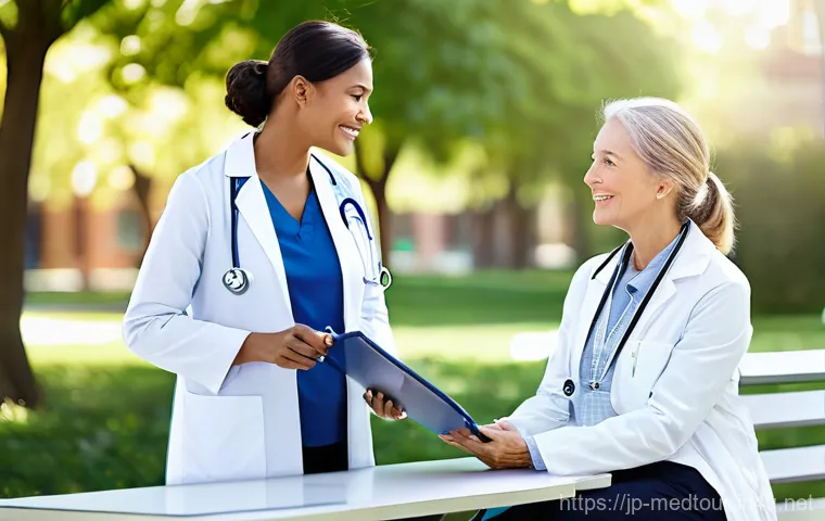 의료관광코디네이터와 의료진의 협업 사례 - **Prompt:** A diverse medical team, consisting of a male doctor in a white coat, a female nurse in s...