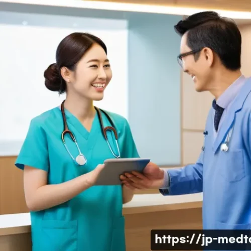 의료관광코디네이터의 커뮤니케이션 스킬 - A professional medical tourism coordinator warmly assisting an anxious Japanese patient at a modern ...