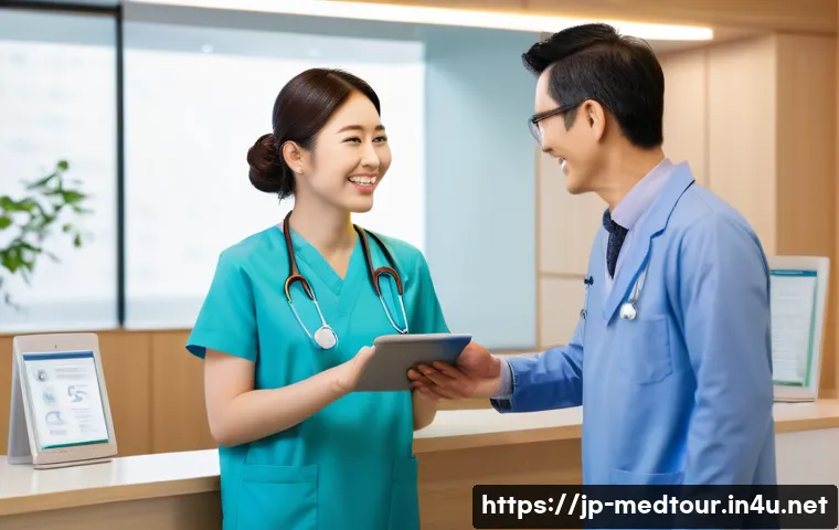 의료관광코디네이터의 커뮤니케이션 스킬 - A professional medical tourism coordinator warmly assisting an anxious Japanese patient at a modern ...