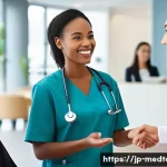 의료관광코디네이터의 필수 비즈니스 매너 - A professional medical tourism coordinator warmly greeting a diverse group of international patients...