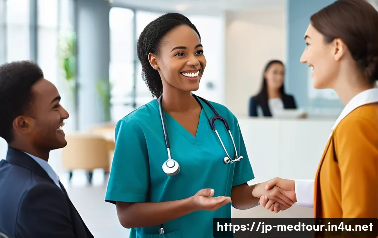 의료관광코디네이터의 필수 비즈니스 매너 - A professional medical tourism coordinator warmly greeting a diverse group of international patients...