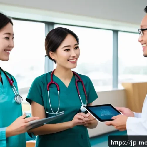 의료관광코디네이터 관련 연수기관 정보 - A professional medical tourism coordinator interacting with diverse international patients in a mode...