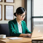 의료관광코디네이터의 스트레스 관리법 - A modern Japanese medical tourism coordinator’s office scene, showing a focused young professional w...