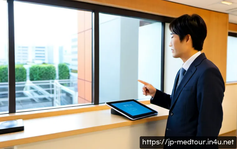 의료관광코디네이터의 하루 일과 - Photorealistic morning scene in a modern Japanese hospital international patient center, a professio...