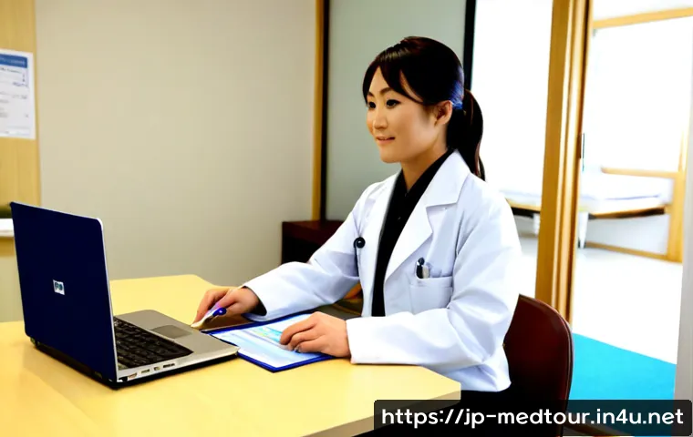 의료관광코디네이터 경력 관리 방법 - Photorealistic medical tourism coordinator in a modern Japanese hospital consultation room, professi...